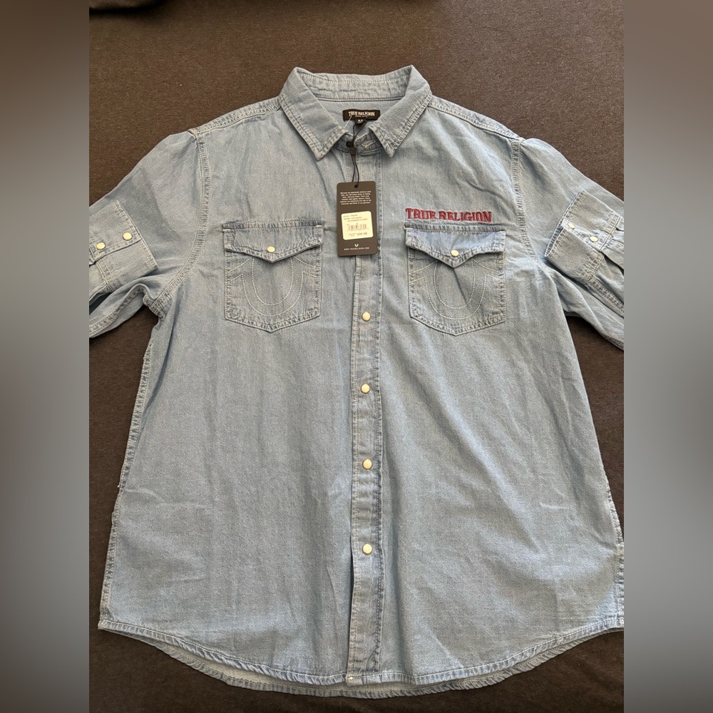 True Religion Men's Light Blue Denim Shirt